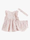 Lindex Baby Organic Cotton Floral Print Gauze Ruffle Dress, Bloomer & Headband Set, Light Dusty Pink