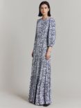 Ghost Lily Foliage Print Tiered Maxi Dress, Navy/White