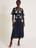 Monsoon Cora Floral Embroidered Tea Dress, Navy