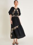 Monsoon Margot Floral Embroidered Midi Tea Dress, Black