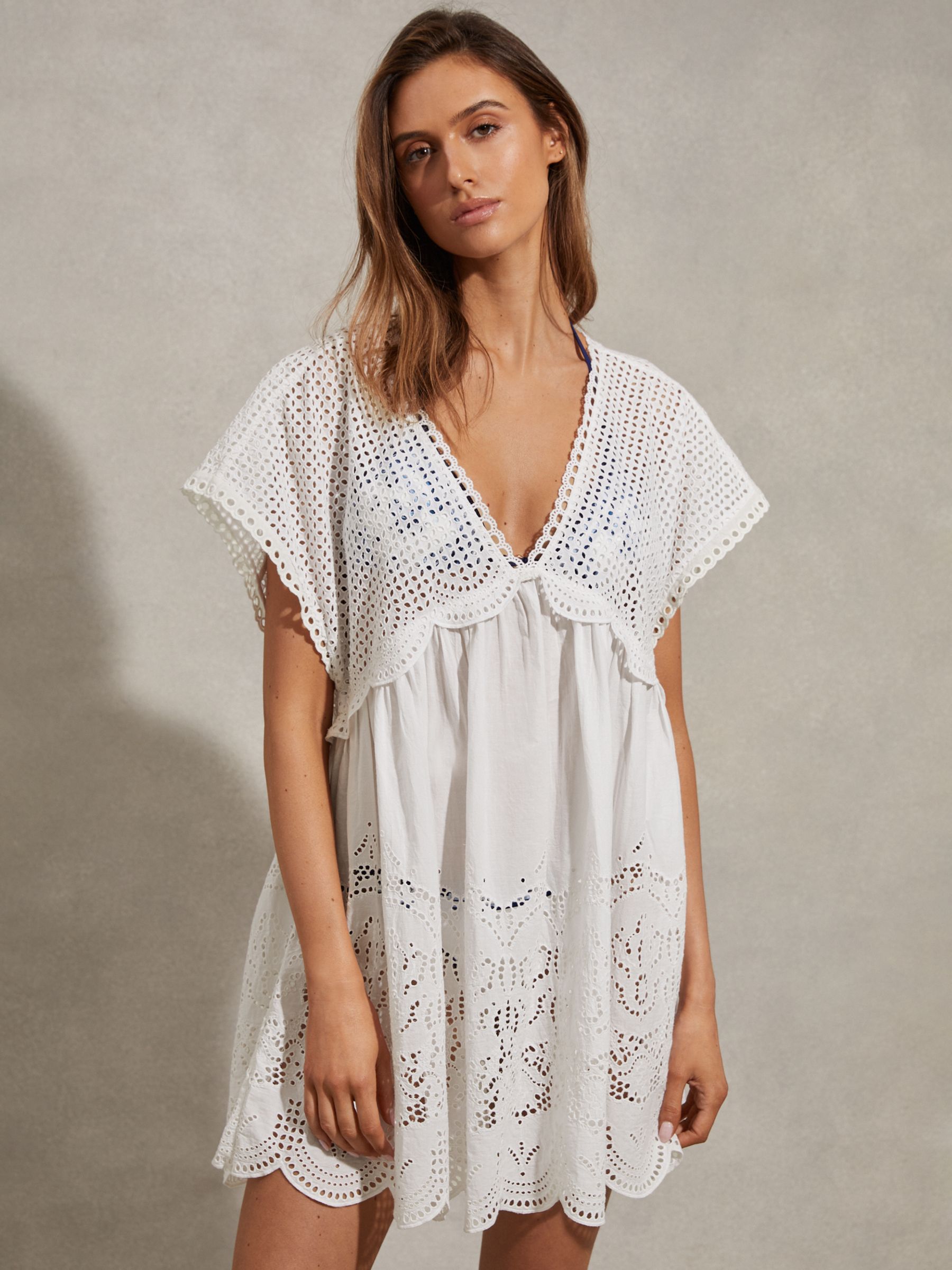 Reiss Edie Broderie Mini Kaftan, White