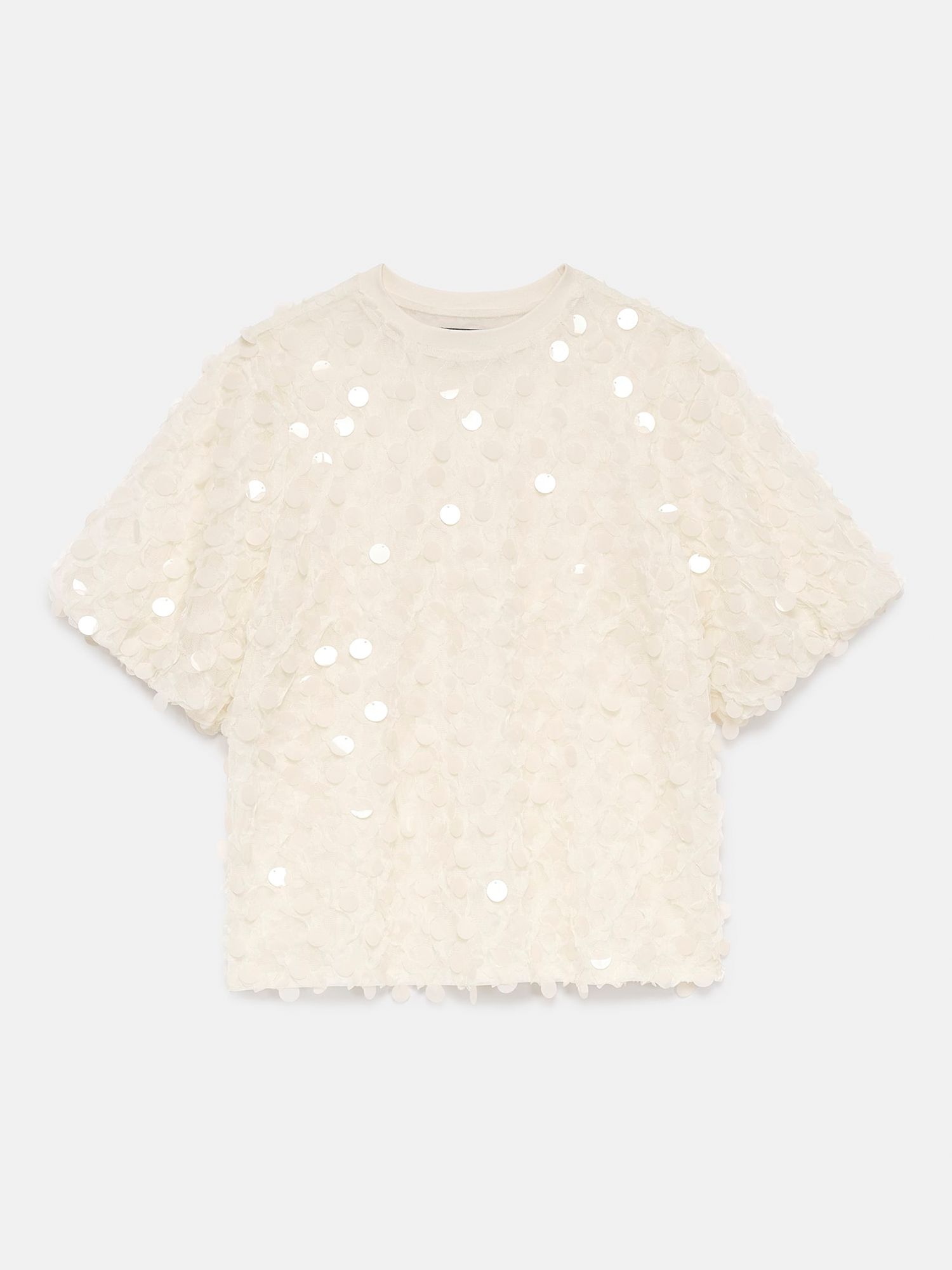 Mint Velvet Sequin Mesh T-Shirt, Cream