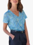Pure Collection Linen Floral V Neck T-Shirt, Blue/Multi