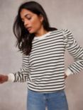 Mint Velvet Ruched Shoulder Stripe Sweatshirt, Ivory/Black