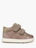 Geox Kids' Macchia Riptape Leather Blend Trainers, Dark Beige/Platinum