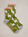 White Stuff Fluffy Embroidered Llama Ankle Socks, Green/Multi