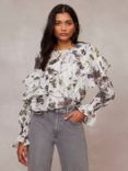 Mint Velvet Floral Asymmetric Ruffle Blouse, White/Multi