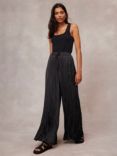 Mint Velvet Crinkle Wide Leg Trousers, Black