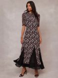 Mint Velvet Floral Godet Maxi Dress, Black