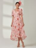 Jolie Moi Floral Pleated Dip Hem Chiffon Maxi Dress, Coral Pink