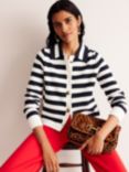 Boden Stripe Collared Cardigan, Navy/Ivory