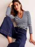 Boden Anna Stripe V-Neck Top, Navy/Ivory