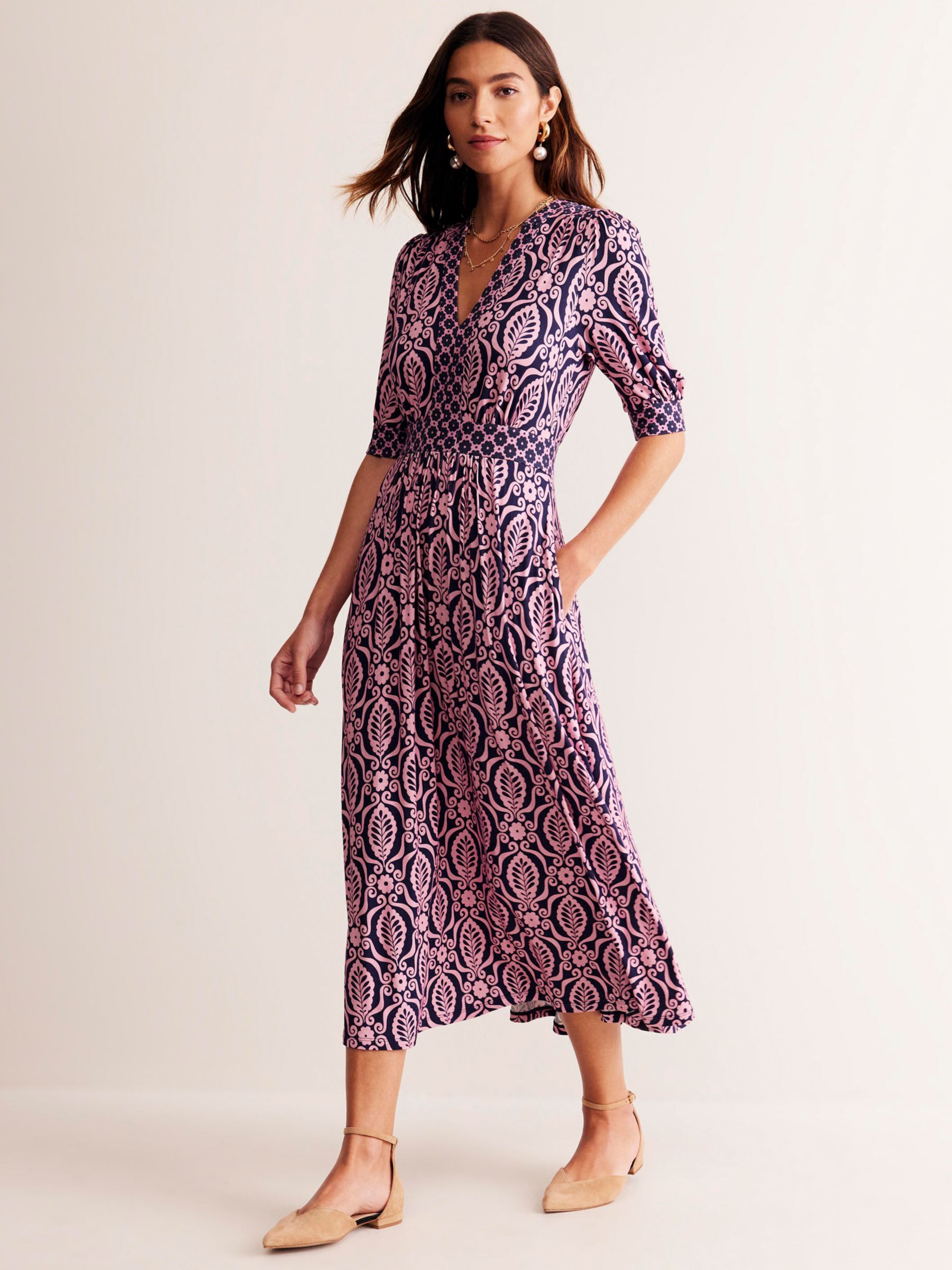 Boden Lily Jersey Midi Dress, Rose/Multi