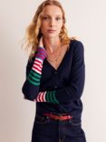 Boden Annie Stripe Cuff Wool Blend Cardigan, Navy