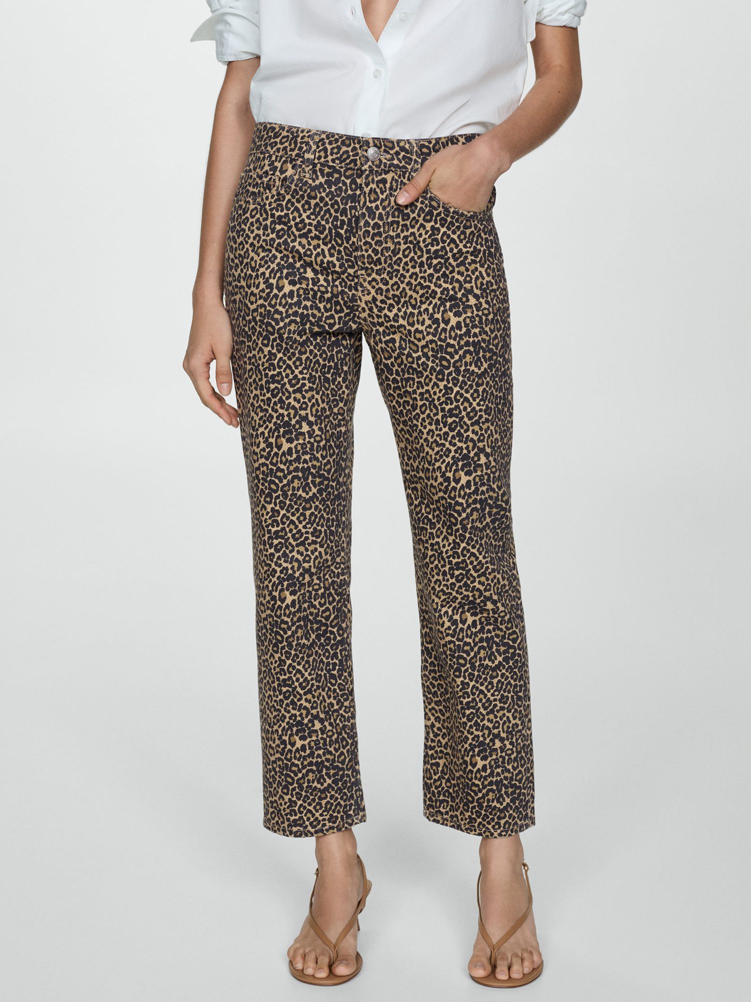 Mango Leopard Print Straight Cut Jeans, Brown/Multi