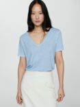 Mango Linito Linen V-Neck T-Shirt, Pastel Blue