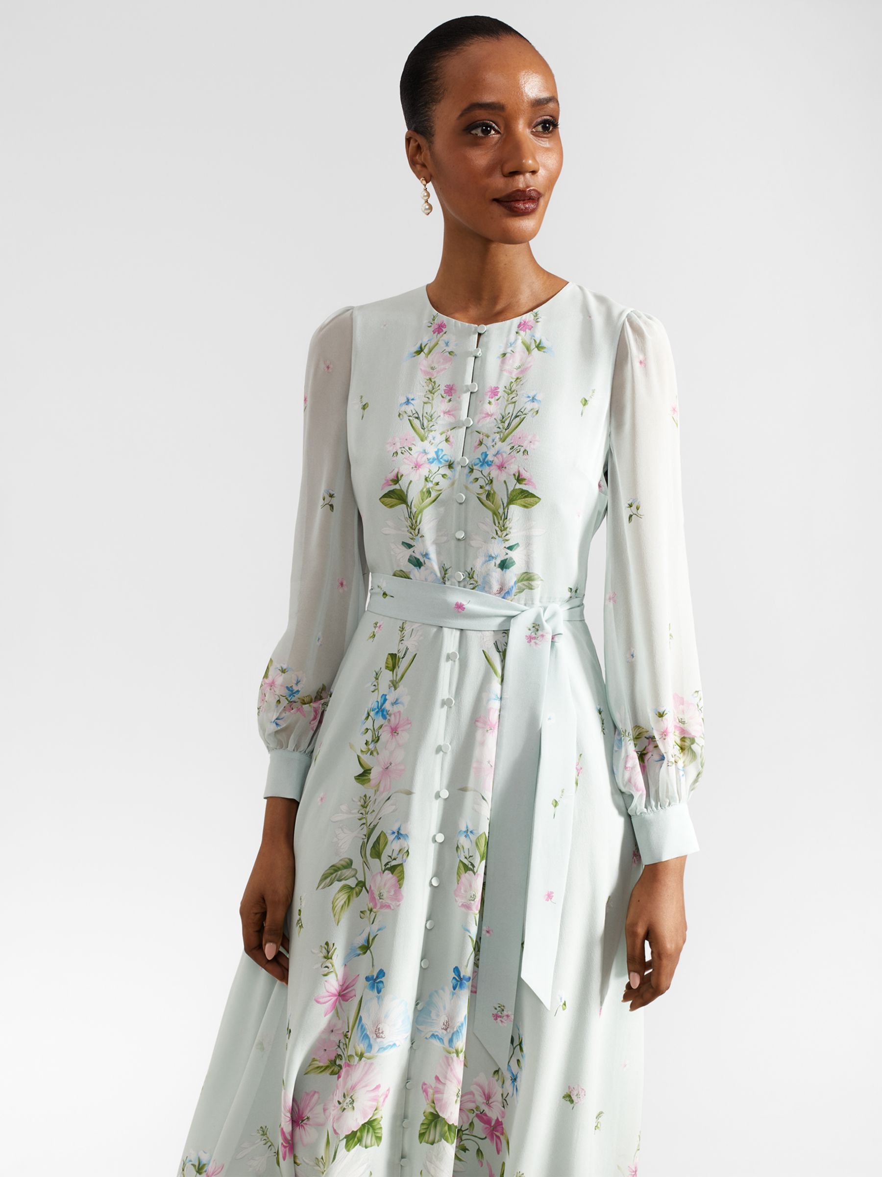 Hobbs Petite Maribella Silk Dress, Pale Green/Multi