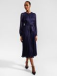 Hobbs Elina Satin Pleated Midi Dress, Midnight Navy