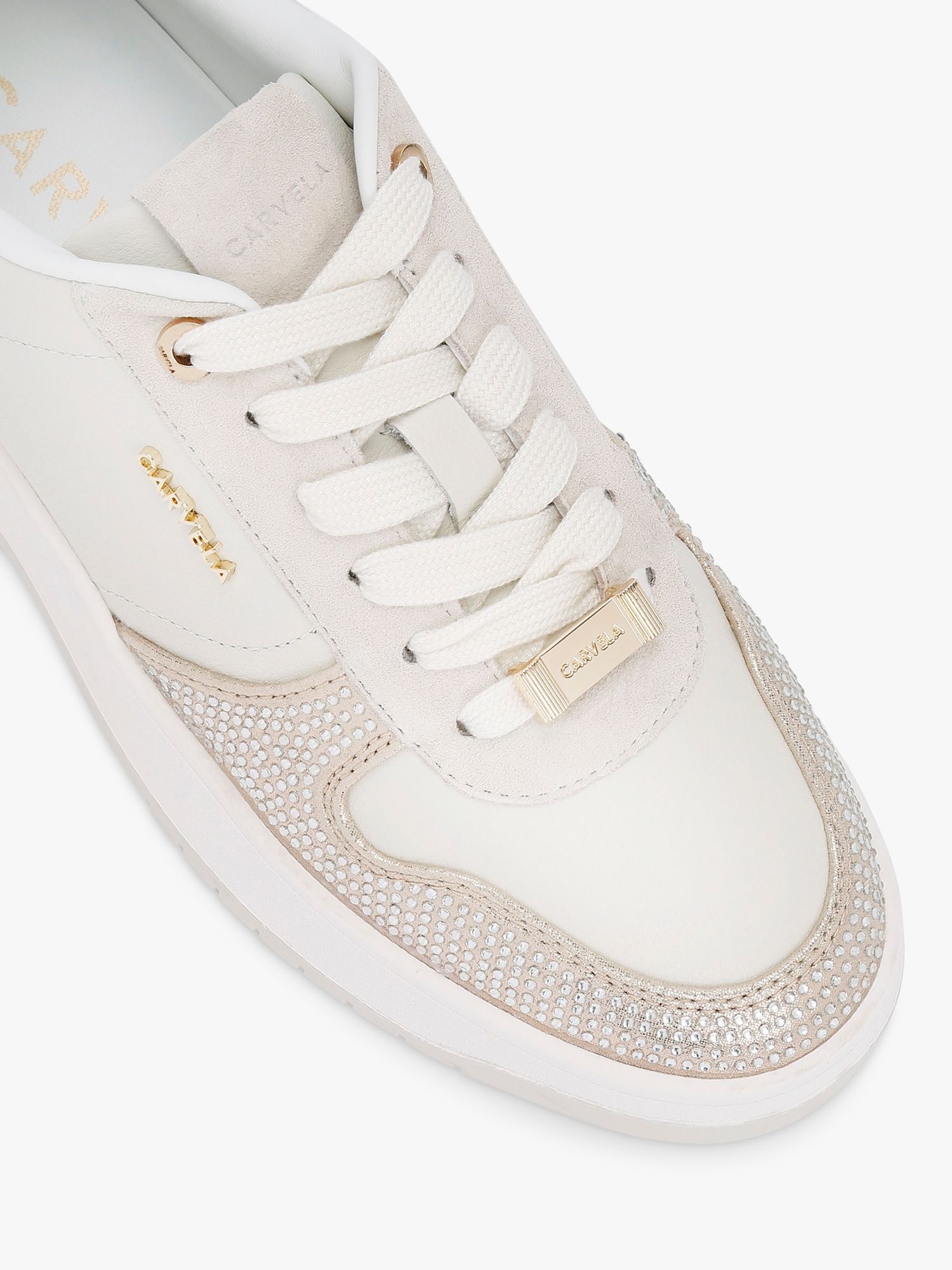 Carvela Charm Leather Embellished Trainers, White/Gold