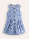 Mini Boden Kids' Button Through Sleeveless Spot Print Pinafore Dress, Vintage Denim