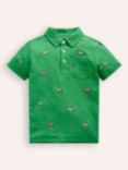 Mini Boden Kids' Cotton Embroidered Polo Shirt, Shamrock Green Jeep