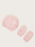 Monsoon Baby Flower Beanie Hat & Mittens Set, Pink