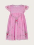 Monsoon Baby April Shirred Embroidered Dress, Pink