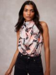 Mint Velvet Floral Satin Halterneck Top, Orange/Multi