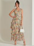 Jolie Moi Floral Tiered Mesh Maxi Dress, Yellow/Multi