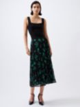 French Connection Allesandra Pleated Midi Skirt, Black/Green