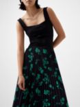 French Connection Allesandra Pleated Midi Skirt, Black/Green