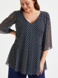 Scarlett & Jo Spot Pleated V-Neck Tunic Top, Navy/White