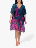 Seaspray Honolulu V-Neck Short Floral Print Kaftan, Green/Pink