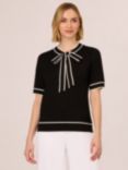 Adrianna Papell Tie Neck Short Sleeve Knit Top, Black/Ivory