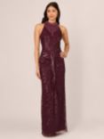 Adrianna Papell Bead Drape Halterneck Maxi Dress, Deep Amethyst