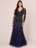 Adrianna Papell Beaded Mesh Velvet Maxi Dress, Light Navy