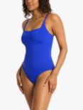 Sea Level Scallop Square Neck Medium Leg Swimsuit, Cobalt