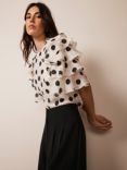 Mint Velvet Polka Dot Ruffle Linen Blend Top, White/Black