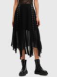 AllSaints Luna Asymmetric Hem Hook and Eye Midi Skirt, Black