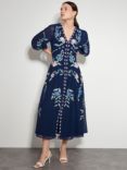 Monsoon Delilah Embroidered Midi Dress, Navy/Multi