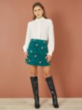 Yumi Fox Embroidered Corduroy Mini Skirt, Teal/Multi