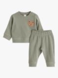 Lindex Baby Organic Cotton Cosy Bear Top & Trouser Set, Dusty Green