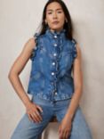 Mint Velvet Denim Ruffle Gilet, Blue