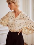 Mint Velvet Polak Dot Ruffle Blouse, Natural Cream/Black