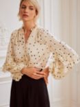 Mint Velvet Polak Dot Ruffle Blouse, Natural Cream/Black