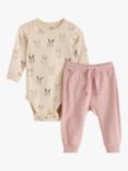 Lindex Baby Rabbit Print Bodysuit and Joggers Set, Dusty Pink