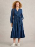 White Stuff Mina Organic Cotton Blend Denim Tiered Dress, Mid Blue