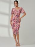 Jolie Moi Floral Wrap Front Mesh Bodycon Dress, Pink/Multi