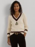 Lauren Ralph Lauren Meren Cable Knit Jumper, Cream/Pinot/Green