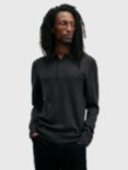 AllSaints Mode Merino Long Sleeve Polo Shirt, Black, Marley Green